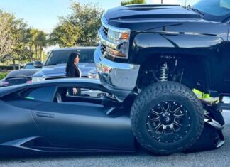 High-Stakes Parking Lot Collision: Lifted Chevy Crushes $340,000 Lamborghini
