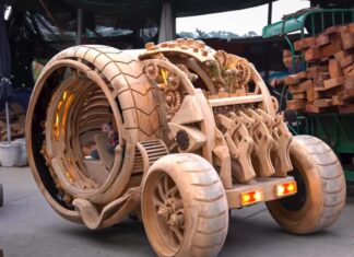 Das Vietnam-Holzauto, das wie eine Zeitmaschine aussieht